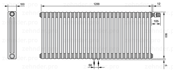 Схема (чертеж) Радиатор Zehnder Charleston 3090/28 №V008 Белый глянцевый RAL 9016